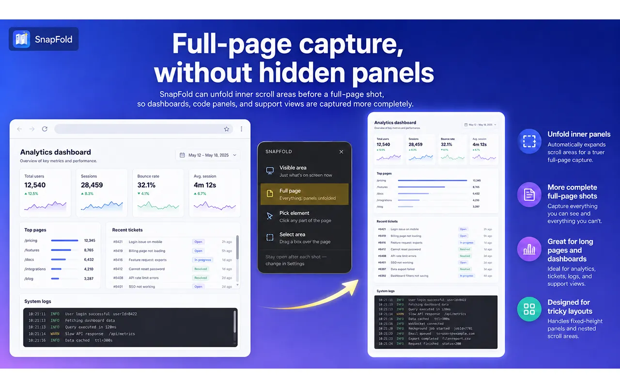 Full-page capture that includes hidden scroll panels, so dashboards, logs, and long pages are saved more completely.